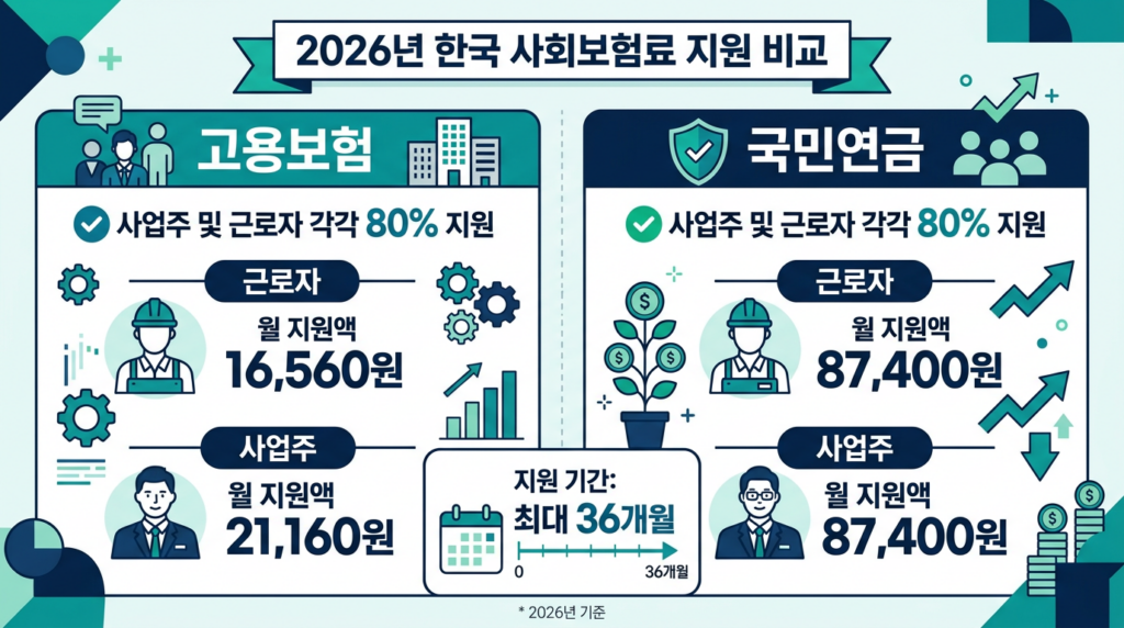2026 두루누리 사회보험 지원금액 - 고용보험 국민연금 80% 지원 근로자 사업주 월 최대 금액