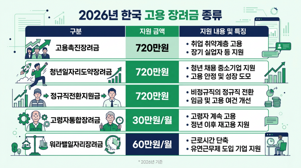 2026 고용장려금 종류별 지원금액 비교 - 최대 720만원