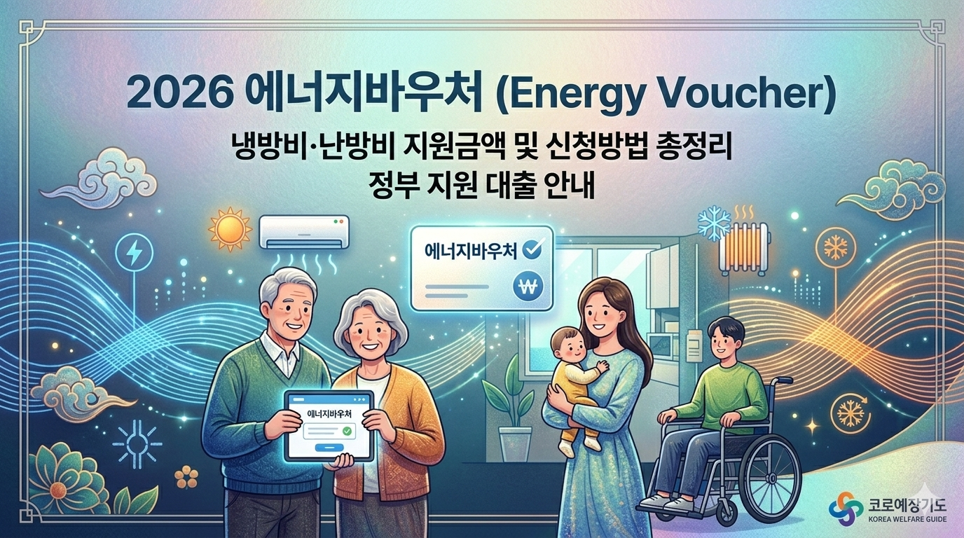 "2026년 에너지바우처 신청방법 및 지원금액 안내 썸네일. 냉방비와 난방비 지원 혜택을 설명하는 modern 디지털 일러스트 대표 이미지."