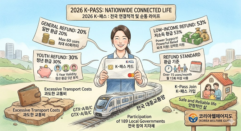 2026년 K-PASS 전국 확대 및 GTX 환급 혜택을 시각화한 창의적인 3D 입체 인포그래픽. 중앙에는 빛나는 푸른색 'K-패스 카드'가 거대한 대한민국 대중교통망을 지배하는 게이트를 열고 있으며, 그 위로 '2026 K-패스: 전국 대중교통 환급, 53% 파격 혜택!'이라는 제목이 떠 있습니다. 주변에는 '전국 189개 지자체 완전 확대', 'GTX 요금 환급 본격 적용', '청년 30% 저소득 53.3% 환급'이 적힌 빛나는 정보 카드들과 함께 전국을 연결하는 지하철, 광역버스, GTX 열차가 조화롭게 달리고 있습니다. 신뢰감 있는 블루와 희망찬 화이트 톤이 조화를 이루며, 우측 하단에는 완벽하게 수정된 '코리아웰페어지도 (KOREA WELFARE GUIDE)' 로고가 포함되어 있습니다.