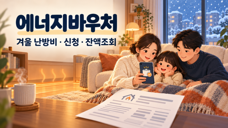 에너지바우처 겨울 난방비 신청과 잔액조회를 안내하는 따뜻한 실내 일러스트
