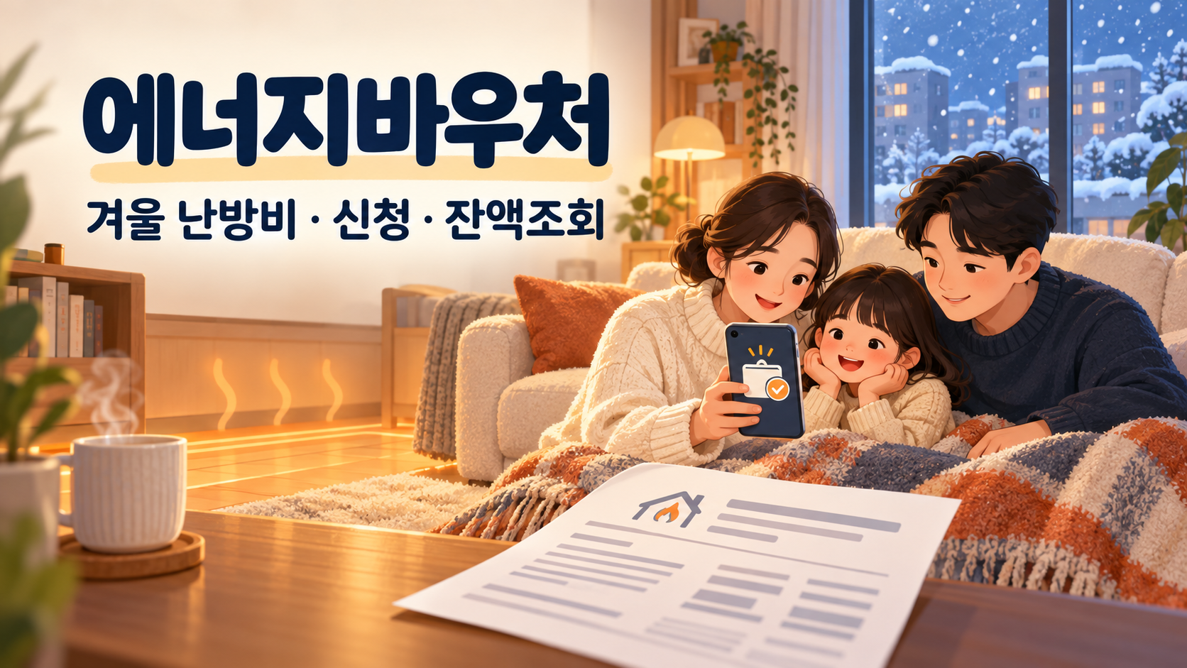 에너지바우처 겨울 난방비 신청과 잔액조회를 안내하는 따뜻한 실내 일러스트