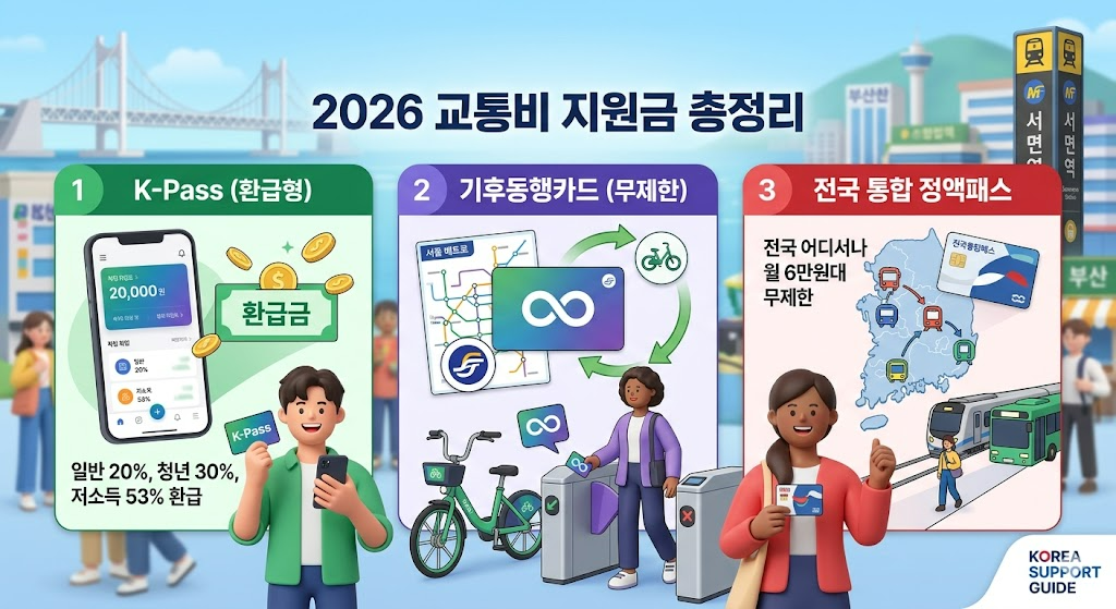 2026년 대한민국 대중교통비 지원금 혜택인 K-패스, 기후동행카드, 전국 통합 정액패스를 상징하는 3D 아트워크와 KOREA SUPPORT GUIDE 로고