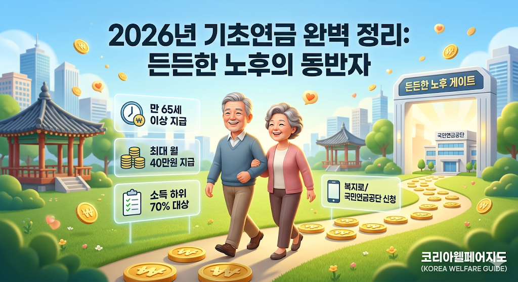 2026년 기초연금 인상 혜택을 시각화한 창의적인 3D 입체 인포그래픽. 중앙에는 인자하게 웃고 있는 노부부가 황금색 동전이 깔린 든든한 길을 걸어가고 있으며, 그 위로 '2026년 기초연금 완벽 정리: 든든한 노후의 동반자'라는 제목이 떠 있습니다. 주변에는 '만 65세 이상 지급', '월 최대 40만원 지급', '복지로/정부24 신청' 등 K-패스가 제공하는 가치를 시각화한 다양한 스마트 게이트웨이를 활발히 이용하는 모습이 그려져 있으며, 우측 하단에는 완벽하게 수정된 '코리아웰페어지도 (KOREA WELFARE GUIDE)' 로고가 포함되어 있습니다.