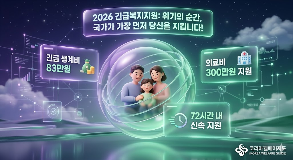 2026년 긴급복지지원제도의 혜택을 시각화한 창의적이고 현대적인 3D 루미네선트 글래스모피즘(Luminescent Glassmorphism) 스타일 인포그래픽. 중앙에는 투명한 유리가 겹겹이 쌓인 안전한 구(Sphere) 형태 안에 행복한 가구 미니어처가 보호받고 있으며, 그 주위로 '긴급 생계비 83만원', '의료비 300만원 지원', '72시간 내 신속 지원'이 적힌 반투명한 정보 카드들이 은은한 빛을 내며 떠 있습니다. 상단에는 '2026 긴급복지지원: 위기의 순간, 국가가 가장 먼저 당신을 지킵니다!'라는 제목이 선명하게 빛나고 있습니다. 신비로운 딥퍼플과 안정감 있는 에메랄드 그린 톤이 조화를 이루며 사회 안전망을 상징하며, 우측 하단에는 완벽하게 수정된 '코리아웰페어지도 (KOREA WELFARE GUIDE)' 로고가 포함되어 있습니다.