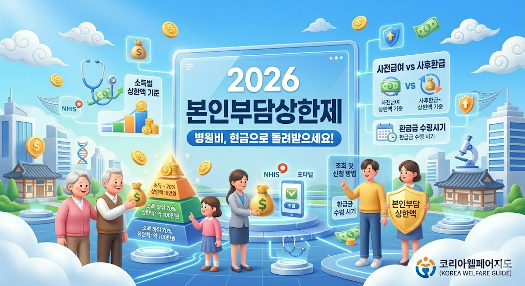 2026년 본인부담상한제 혜택을 시각화한 창의적인 3D 입체 인포그래픽. 중앙에는 거대한 '의료비 보호 방패' 뒤로 행복하게 웃고 있는 가족이 있고, 그 앞으로 금색 동전과 환급 통장이 쏟아지는 모습이 그려져 있습니다. 상단에는 '2026 본인부담상한제: 초과된 병원비, 현금으로 돌려받으세요!'라는 제목이 선명하게 떠 있습니다. 주변에는 '소득별 상한액 기준', '조회 및 신청 방법'이 적힌 빛나는 정보 카드들과 함께 청진기, 하트 아이콘이 배치되어 있습니다. 신뢰감 있는 화이트와 블루 톤의 배경이 안도감을 주며, 우측 하단에는 완벽하게 수정된 '코리아웰페어지도 (KOREA WELFARE GUIDE)' 로고가 포함되어 있습니다.