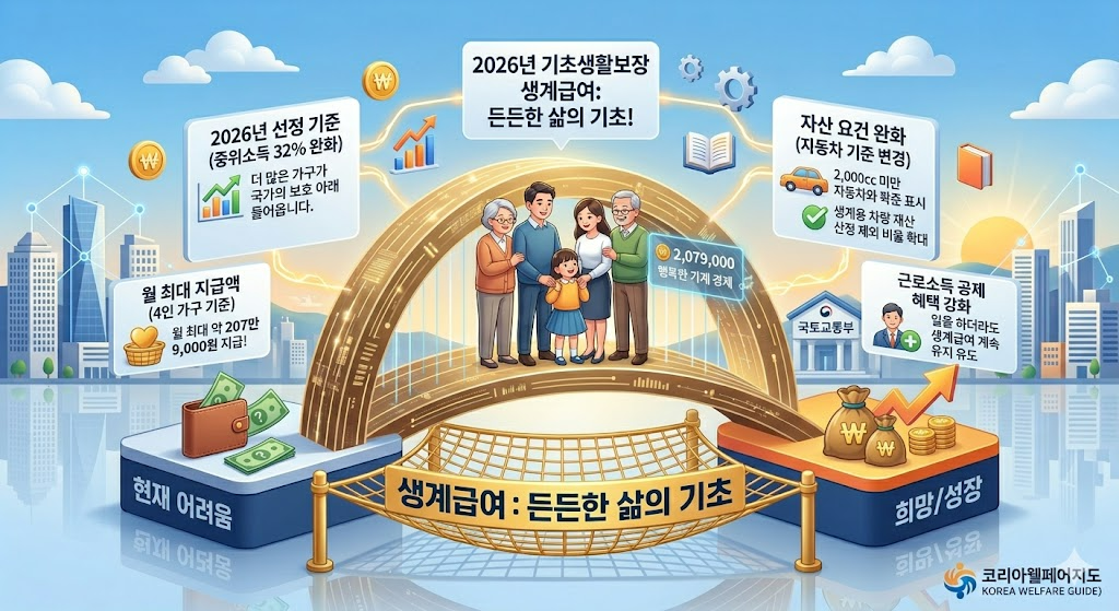 2026년 생계급여 인상 및 혜택을 시각화한 창의적인 3D 입체 인포그래픽. 중앙에는 따뜻한 오렌지빛 배경 속에 '행복한 가계 경제'를 상징하는 3D 금색 하트와 코인들이 가득 담긴 바구니가 있고, 그 위로 '2026 생계급여: 월 최대 207만원, 든든한 삶의 기초!'라는 제목이 선명하게 떠 있습니다. 주변에는 '중위소득 32%로 완화', '부양의무자 기준 폐지', '복지로 온라인 신청'이 적힌 빛나는 정보 카드들이 배치되어 사회 안전망을 상징합니다. 신뢰감 있는 딥블루와 화사한 오렌지 톤이 조화를 이루어 희망적인 느낌을 주며, 우측 하단에는 완벽하게 수정된 '코리아웰페어지도 (KOREA WELFARE GUIDE)' 로고가 포함되어 있습니다.