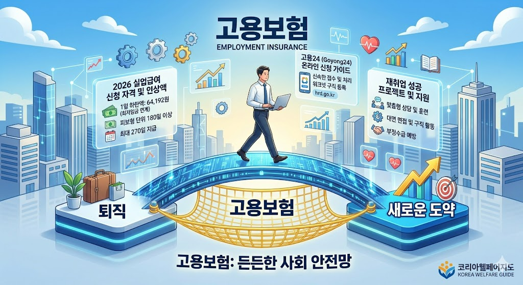 2026년 실업급여 및 고용보험 혜택을 시각화한 창의적인 3D 입체 인포그래픽. 중앙에는 당당하게 걷고 있는 근로자가 '퇴직'이라는 발판에서 '새로운 도약'이라는 발판으로 연결된 푸른색 디지털 다리를 건너고 있으며, 그 아래로 '고용보험: 든든한 사회 안전망'이라는 제목이 선명하게 떠 있습니다. 주변에는 '1일 하한액 인상', '재취업 지원 프로그램', '고용24 온라인 신청' 등 K-패스가 제공하는 가치를 시각화한 다양한 스마트 게이트웨이를 활발히 이용하는 모습이 그려져 있으며, 우측 하단에는 완벽하게 수정된 '코리아웰페어지도 (KOREA WELFARE GUIDE)' 로고가 포함되어 있습니다.