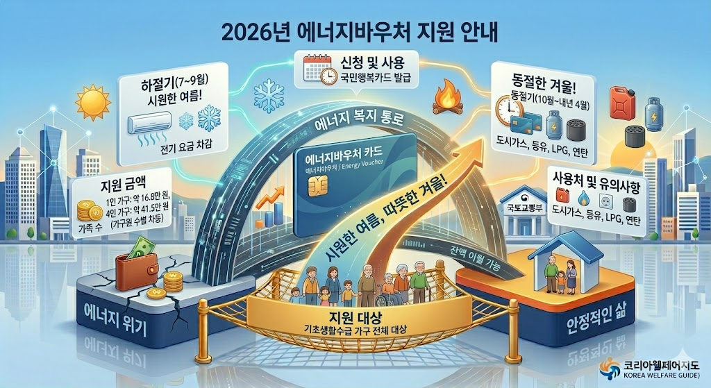 2026년 에너지바우처 혜택을 시각화한 창의적인 3D 입체 인포그래픽. 중앙에는 한쪽에는 시원한 얼음 결정과 에어컨, 다른 한쪽에는 따뜻한 불꽃과 난로가 함께 어우러진 주택 미니어처가 있고, 그 위로 '2026 에너지바우처: 시원한 여름, 따뜻한 겨울을 드립니다!'라는 제목이 선명하게 떠 있습니다. 주변에는 '가구당 최대 41.5만원 지원', '여름 잔액 겨울 이월 가능', '복지로 온라인 신청'이 적힌 빛나는 정보 카드들이 배치되어 있습니다. 신뢰감 있는 블루와 따뜻한 오렌지 톤이 조화를 이루며, 우측 하단에는 완벽하게 수정된 '코리아웰페어지도 (KOREA WELFARE GUIDE)' 로고가 포함되어 있습니다.