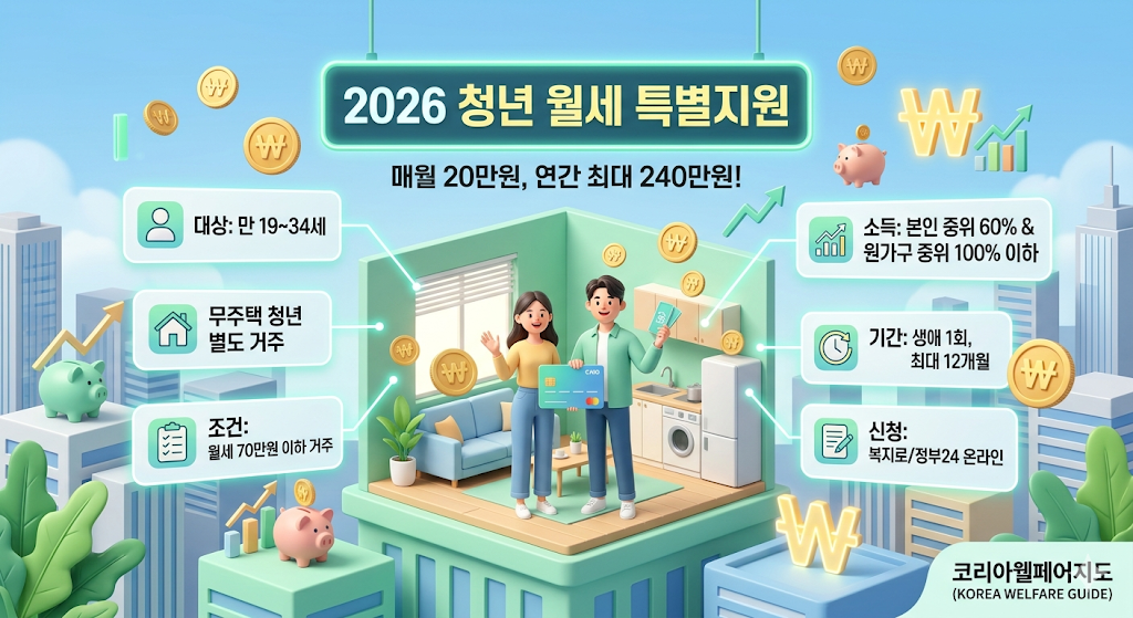 2026년 청년 월세 특별지원의 혜택을 시각화한 창의적인 3D 입체 인포그래픽. 중앙에는 청년의 아늑한 자취방이 투명한 큐브 형태의 미니어처로 표현되어 있으며, 그 위로 '2026 청년 월세 지원: 매월 20만원 든든한 혜택'이라는 제목이 선명하게 떠 있습니다. 주변에는 '만 19~34세 대상', '연간 최대 240만원', '복지로/정부24 온라인 신청' 등 K-패스가 제공하는 가치를 시각화한 다양한 스마트 게이트웨이를 활발히 이용하는 모습이 그려져 있으며, 우측 하단에는 완벽하게 수정된 '코리아웰페어지도 (KOREA WELFARE GUIDE)' 로고가 포함되어 있습니다.