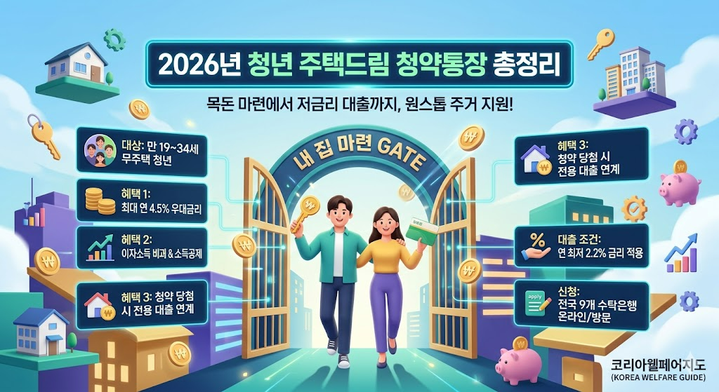 2026년 청년 주택드림 청약통장의 혜택을 시각화한 창의적인 3D 입체 인포그래픽. 중앙에는 거대한 황금 열쇠가 꽂힌 세련된 현대식 주택 모형이 청약 통장 위에 놓여 있으며, 그 위로 '2026 청년 주택드림 청약: 내 집 마련의 확실한 사다리'라는 제목이 떠 있습니다. 주변에는 '최대 연 4.5% 우대금리', '최저 연 2.2% 대출 연계', '비과세 & 소득공제' 등 K-패스가 제공하는 가치를 시각화한 다양한 스마트 게이트웨이를 활발히 이용하는 모습이 그려져 있으며, 우측 하단에는 완벽하게 수정된 '코리아웰페어지도 (KOREA WELFARE GUIDE)' 로고가 포함되어 있습니다.