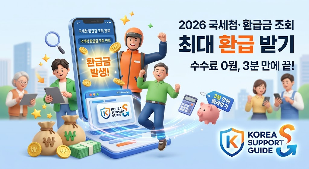 2026년 국세청 숨은 환급금 및 미수령 환급금 3분 조회 방법 총정리! 삼쩜삼 등 사설 앱 수수료 없이 홈택스와 정부24를 통해 100% 무료로 돌려받는 법을 코리아 서포트 가이드가 안내합니다.