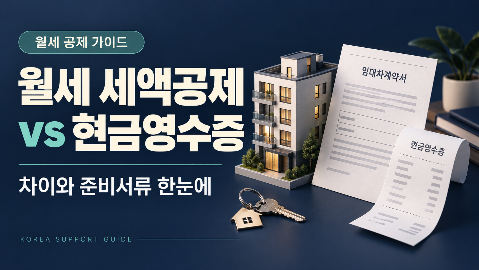 월세 세액공제와 현금영수증 비교를 위한 주택, 임대차계약서와 영수증 일러스트