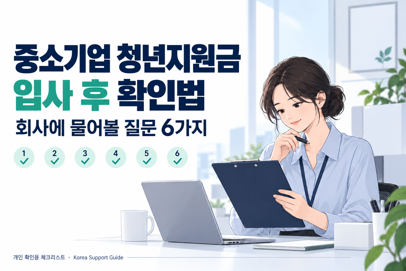 중소기업 청년지원금 확인을 위해 회사에 물어볼 질문 6가지를 안내하는 체크리스트 이미지