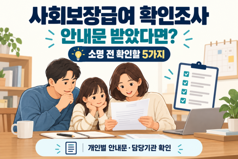 사회보장급여 확인조사 안내문에서 대상 급여와 자료 기간 제출기한을 확인하는 안내
